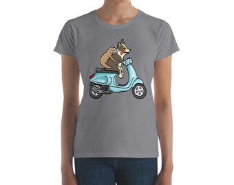 Black Tri Color Corgi with Sloth on Scooter - Women's short sleeve t-shirt