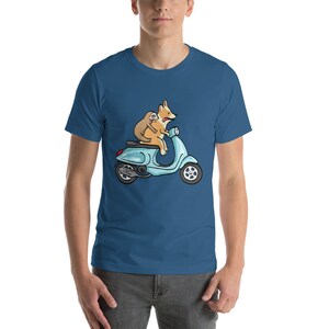 May include: A blue and white scooter with a brown and white corgi dog and a brown sloth riding on it. The corgi is driving the scooter and the sloth is sitting behind the corgi.