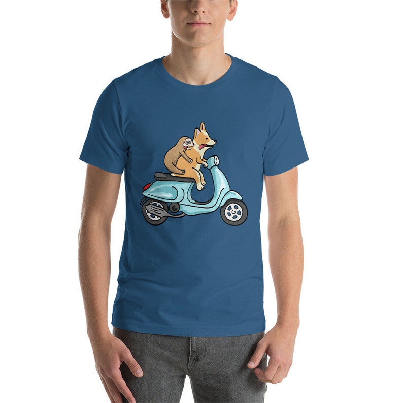 May include: A blue and white scooter with a brown and white corgi dog and a brown sloth riding on it. The corgi is driving the scooter and the sloth is sitting behind the corgi.