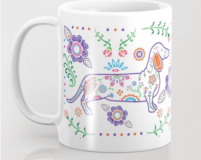 Sugar Skull Color Dachshund Mug - Dachshund Coffee Mug - Dia de los muertos - Dia de los Doxies - Pet Lover Gift- Doxie Mug
