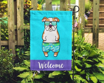 Double Sided English Bulldog Garden Flag (BOY) - Unique English Bulldog Gift - BOY Sunbathing English Bulldog Garden Flag