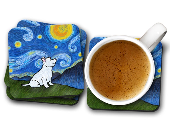 Westie West Highland Terrier  Coasters - Set of 4 - Starry Night Westie