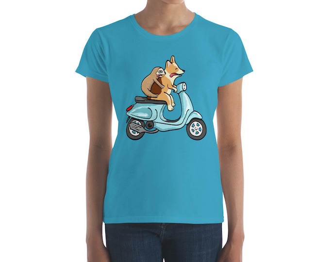 Red Headed Tri Color Corgi with Sloth on Scooter - Women's short sleeve t-shirt