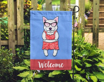 Double Sided Westie Garden Flag (GIRL) - Unique Westie Gift - GIRL Sunbathing Westie Garden Flag - West Highland Terrier