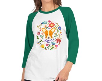 Corgi Flowers 3/4 sleeve raglan shirt - Red/White Pembroke Corgi