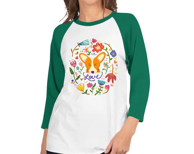 Corgi Flowers 3/4 sleeve raglan shirt - Red/White Pembroke Corgi
