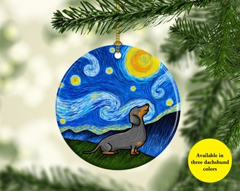 Dachshund Ornament - Available in three different dachshund colors - Starry Night Dachshund Ornament - 3" double sided ceramic ornament