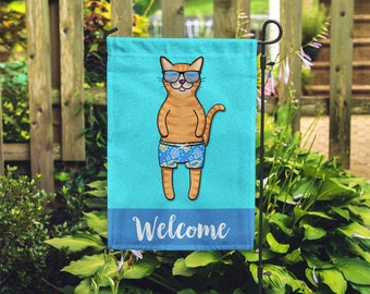 Orange Tabby Garden Flag (GIRL) - Double Sided - Unique Orange Tabby Gift - GIRL Sunbathing Orange Tabby Garden Flag