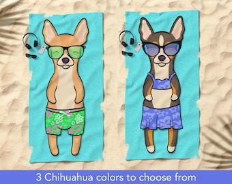 Chihuahua Beach Towel - Short Hair Chihuahua Gift - 30" x 60" or 36" x 72" - Chihuahua Lover - Boy or Girl Sunbathing Chihuahua - Apple head