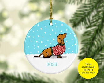 2025 Dachshund Ornament - Available in three different dachshund colors - Ugly Sweater Dachshund Ornament - 2025 - double sided