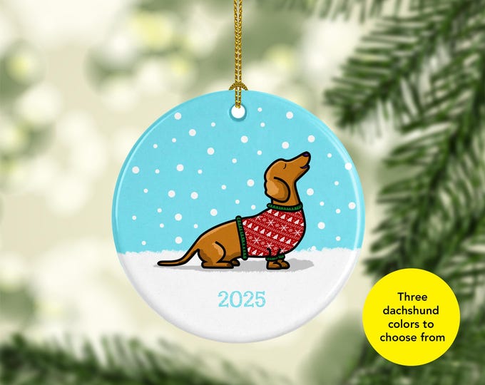 2026 Dachshund Ornament - Available in three different dachshund colors - Ugly Sweater Dachshund Ornament - 2026 - double sided