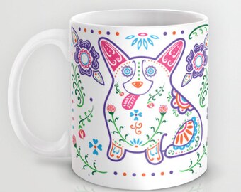 Corgi - Sugar Skull Color Corgi Mug - Welsh Corgi Coffee Mug - Dia de los muertos - Dia de los corgis - Pet Lover Gift- Corgi Mug