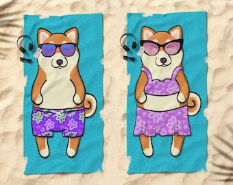 Shiba Inu Beach Towel - Cute Shiba Inu Gift - 30" x 60" or 36" x 72" - Boy or Girl Sunbathing Shiba Inu - Funny Shiba Inu Art