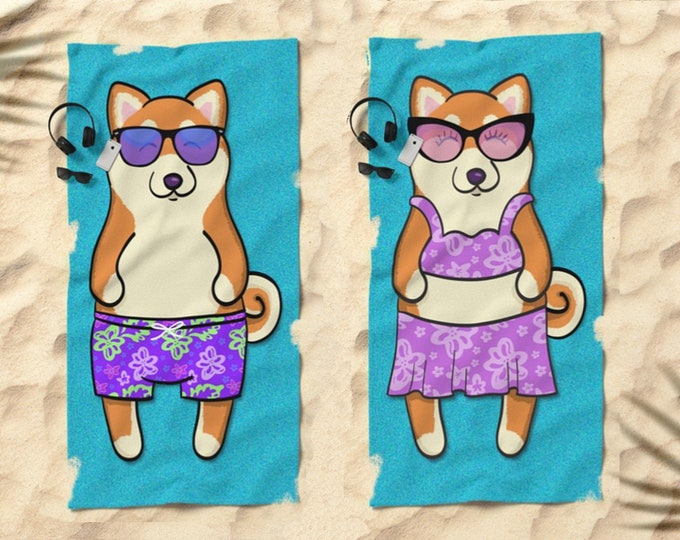 Shiba Inu Beach Towel - Cute Shiba Inu Gift - 30" x 60" or 36" x 72" - Boy or Girl Sunbathing Shiba Inu - Funny Shiba Inu Art