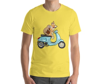 Red Headed Tri Corgi with Sloth on Vespa - Short-Sleeve Unisex T-Shirt