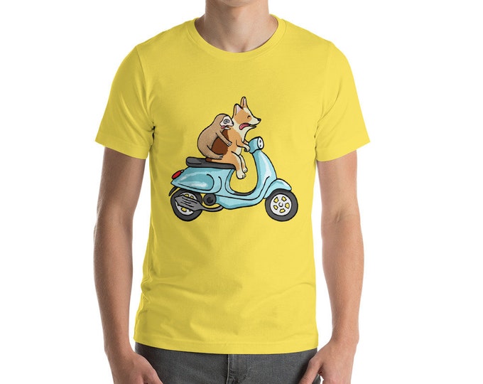 Red Headed Tri Corgi with Sloth on Vespa - Short-Sleeve Unisex T-Shirt