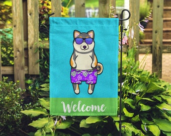 Double Sided Black and Tan Shiba Inu Garden Flag (BOY) - Unique Shiba Inu Gift - BOY Sunbathing Shiba Inu Garden Flag