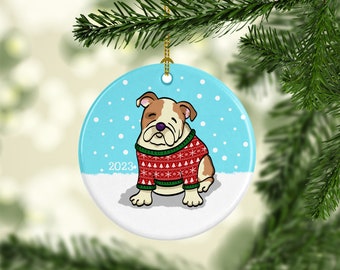 2023 English Bulldog Ornament - Ugly Sweater English Bulldog Ornament - 2023 - double sided