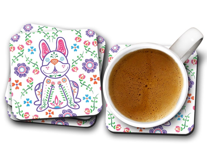 Sugar Skull French Bulldog Coasters - Set of 4 - Dia de los Frenchies -  French Bulldog Coasters - Day of the Dead - Dia de los Muertos