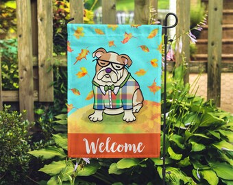 Double Sided BOY English Bulldog Garden Flag - Unique Bulldog Gift - English Bulldog -  Autumn Fall Bulldog Garden Flag