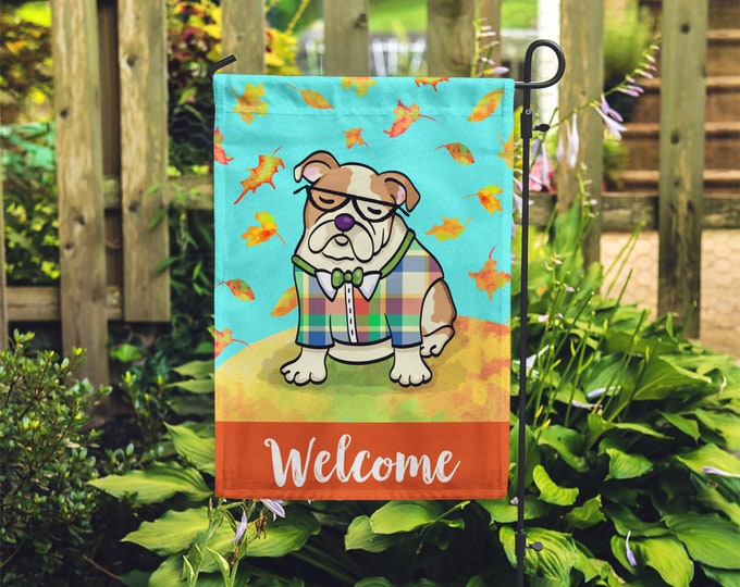 Double Sided BOY English Bulldog Garden Flag - Unique Bulldog Gift - English Bulldog -  Autumn Fall Bulldog Garden Flag