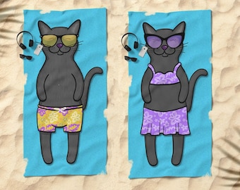 Black Cat Beach Towel - Black Cat Gifts - 30" x 60" or 36" x 72" - Gift for Cat Lovers - Boy or Girl Sunbathing Black Cat
