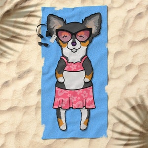 May include: A cartoon illustration of a dog wearing sunglasses and a pink bikini on a blue beach towel.