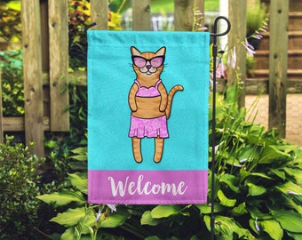 Orange Tabby Garden Flag (GIRL) - Double Sided - Unique Orange Tabby Gift - GIRL Sunbathing Orange Tabby Garden Flag