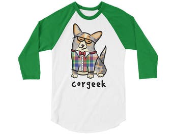 Corgeek Raglan 3/4 Sleeve Shirt - Cardigan Corgi Shirt - Merle Tan Cardigan Corgi