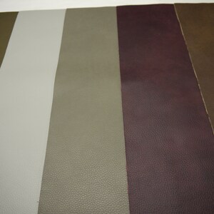 May include: A close-up of six different leather swatches in various shades of green, gray, and brown. The swatches are arranged in a row, with the green swatches on the left and the brown swatches on the right.