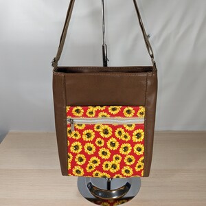 Red Sunflower Brown Red Yellow - Faux Leather Crossbody Bag Handbag Purse Lots of Pockets