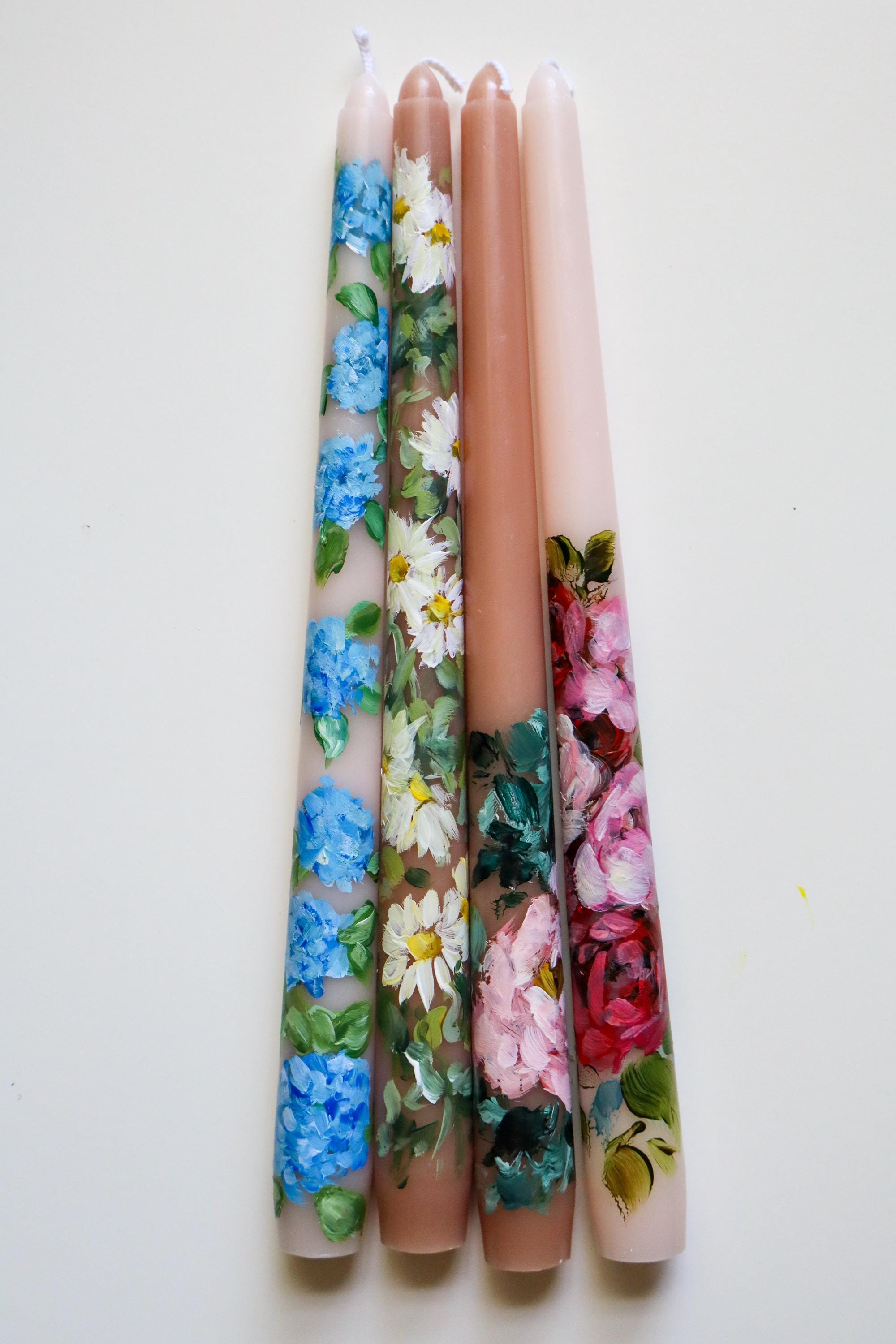 手描きの花柄キャンドルスタンド/4個セット/ヒナギク、アジサイ、バラ/ユニークなホームデコレーション