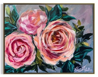 Blush Pink Peony Roses Original Acrylic Painting on Canvas 11x14 | Romantic Floral Wall Art | Textured Impressionist Bouquet | Signed Artwor
