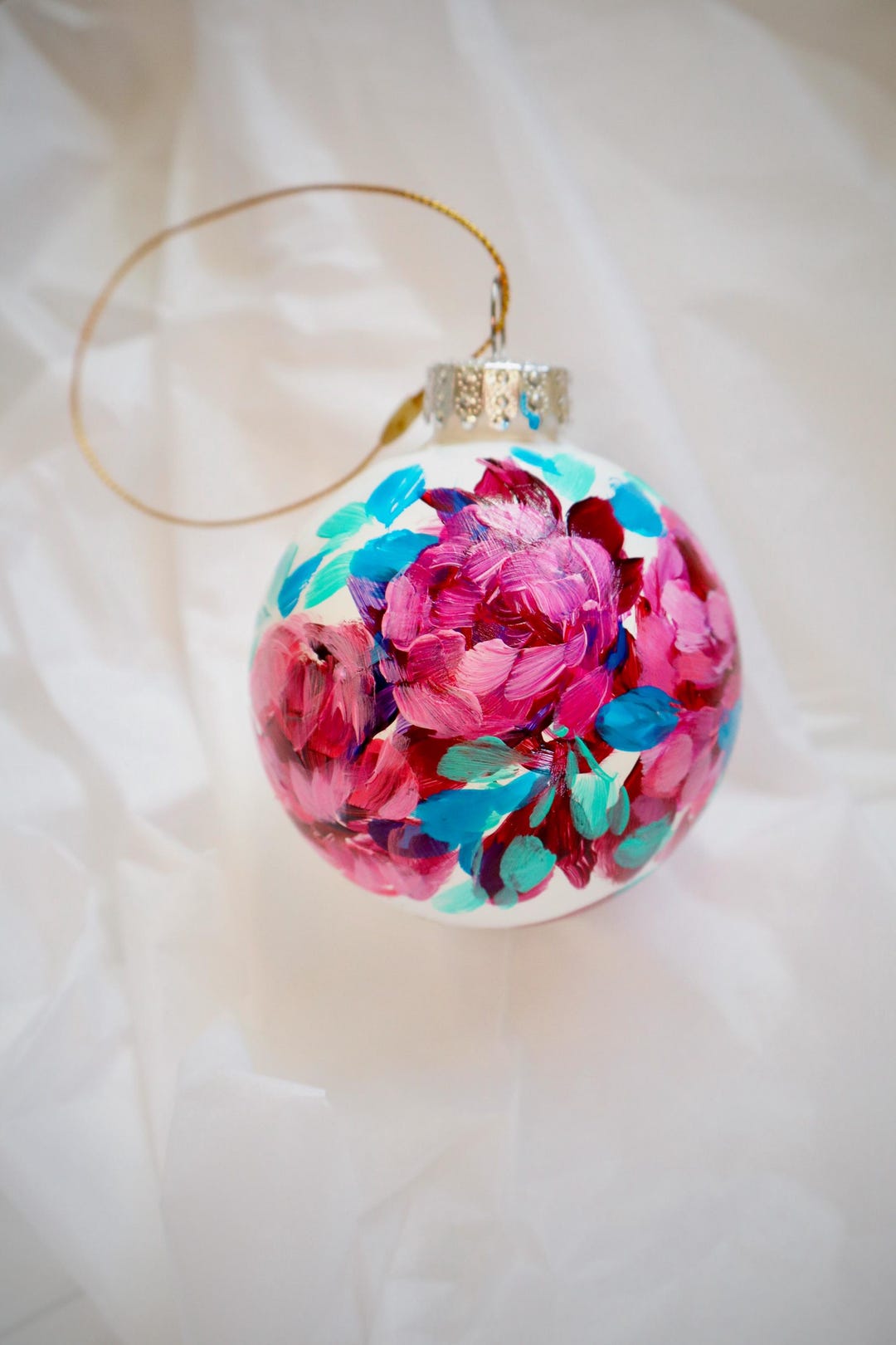 Hand Painted Glass Ball Ornament Pink Flowers Original Art Christmas ...