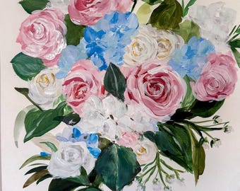 May include: An acrylic painting of a floral bouquet featuring pink roses, blue hydrangeas, and white flowers with green leaves. The artwork is on a white background and signed in the bottom right corner.