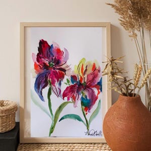 Original Watercolor Painting - Vibrant Iris Flowers 12x16 - Colorful Floral Wall Art - Ready to Hang - Signed Original Art