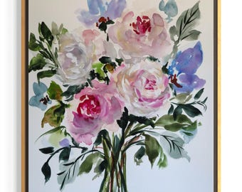 Pintura original em aquarela com flores soltas, rosas cor-de-rosa e flores azuis, decoração botânica de parede, 11x14