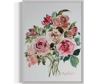 Pintura original em aquarela floral em tons de rosa e creme, arte de parede vertical, estilo impressionista romântico para decoração de casa.