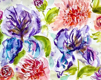 Original Watercolor- Irises and Dahlias