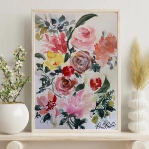 Garden Romance - Original Watercolor Painting 11x14, Loose Floral Art, Pink Coral Roses, Signed & Varnished, Ready to Frame