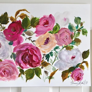 Original Watercolor and Gouache Pink Floral Painting/ Unique Painted Flowers/ Unique Artwork