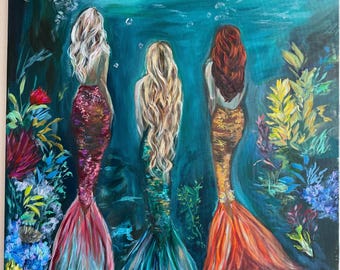 Aangepast zeemeerminportret door Breanna Rothwell – handgeschilderd fantasieportret van jouw foto – zussen, beste vrienden, moeder-dochter Ocean P