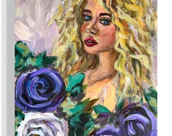 Origineel acrylportretschilderij 8 x 10 | "Lyra" | Blonde vrouw figuratieve kunst | Canvaspapier muurkunst | Gesigneerd met COA