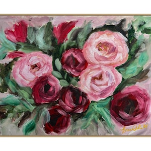 Oryginalny obraz olejny, Czerwone i różowe róże, 9x12, obraz impresjonistyczny, wyjątkowy prezent, prezent dla miłośników kwiatów