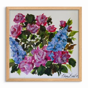 Pintura acrílica original de rosas rosadas y lupinos azules - Obra de arte firmada en 2025