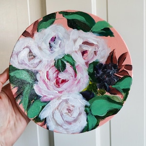 Modern Floral Acrylic Painting, Circular 8in Canvas, Boho, Eclectic, Cottage Core, Aesthetic Gift
