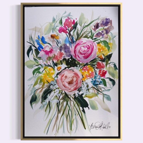 Floral Watercolor Painting - Colorful Impressionist Bouquet Art (11x14)