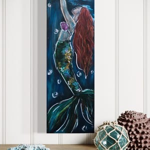 Peinture acrylique impressionniste originale sirène 4 x 12/cadeau pour sirène et amateur de sports nautiques/art mural côtier