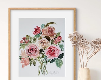 Pintura floral em aquarela pintada à mão, 11x14, arte de parede botânica romântica