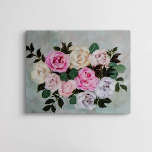 Original Acrylic Rose Painting 16x20 Canvas with deep edge/ Floral Home Decor/ Roses Pink, Yellow, White, Blush